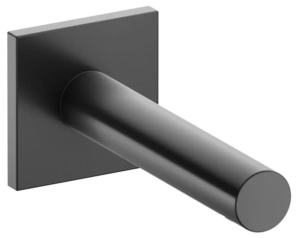 Schwarzes, eckiges Wandmontageelement von Keuco mit runder Ausführung, geeignet für einen Wanneneinlauf. Minimalistisches Design.